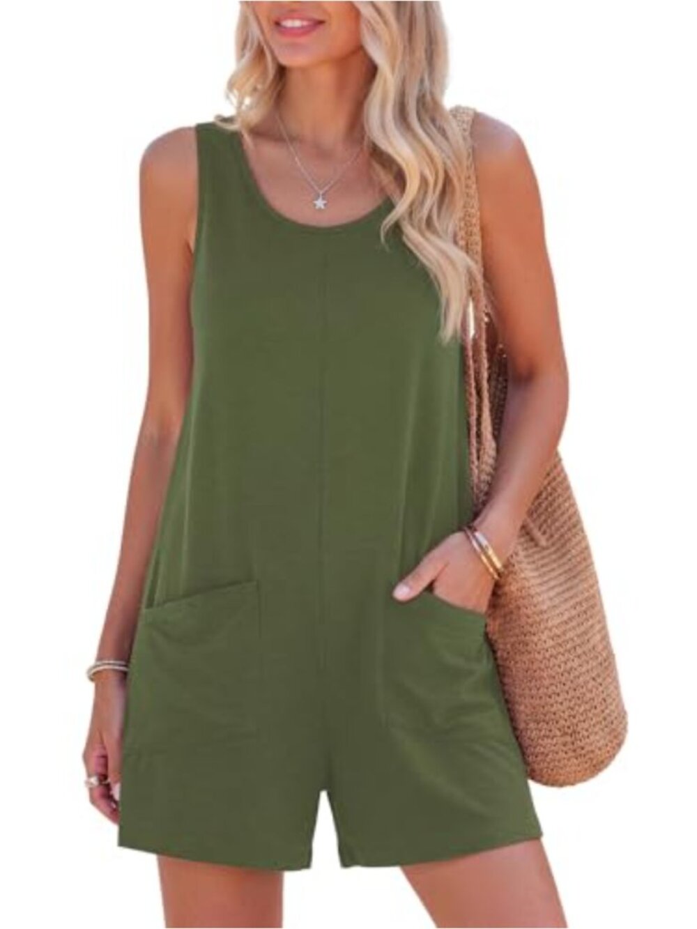Women's Sleeveless Scoop Neck Romper Loose Fit Summer Beach Jumpsuit with